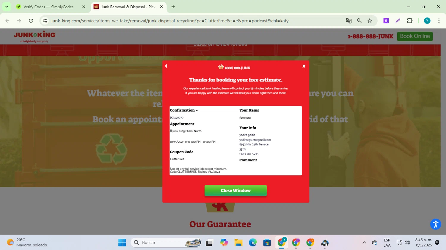 Junk King promo code screenshot showing code CIutterFree applied at Junk King checkout page. Uploaded by SimplyCodes community member yadiracg074 on Jan 8, 2025