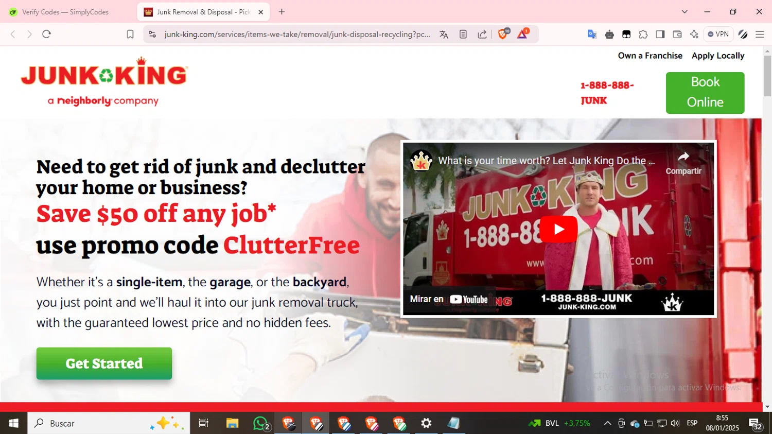 Junk King promo code screenshot showing code CIutterFree applied at Junk King checkout page. Uploaded by SimplyCodes community member CashSpotter9266 on Jan 8, 2025