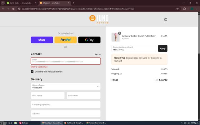 Junonia checkout page showing Junonia promo code box | Screenshot taken by SimplyCodes community member on Sep 12, 2025