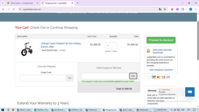 Jupiter Bike checkout page showing Jupiter Bike coupon code box | Screenshot taken by SimplyCodes community member on Sep 5, 2025