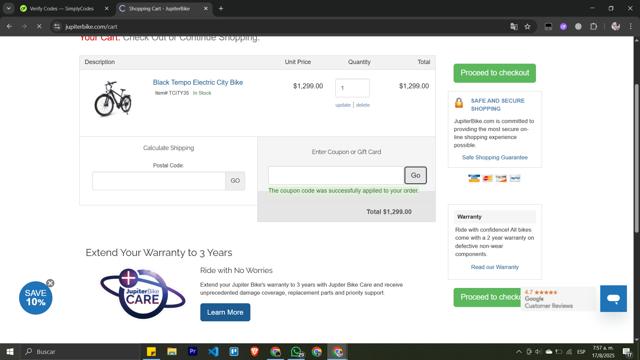Jupiter Bike checkout page showing Jupiter Bike coupon code box | Screenshot taken by SimplyCodes community member on Aug 17, 2025