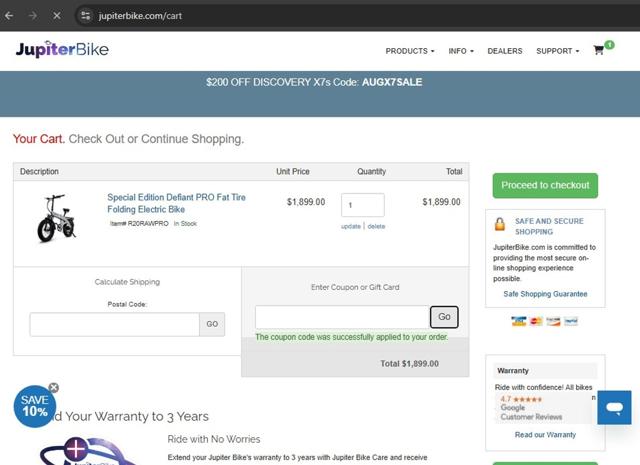 Jupiter Bike checkout page showing Jupiter Bike coupon code box | Screenshot taken by SimplyCodes community member on Aug 19, 2025