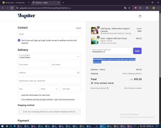 Jupiter Brands checkout page showing Jupiter Brands promo code box | Screenshot taken by SimplyCodes community member on Sep 8, 2025