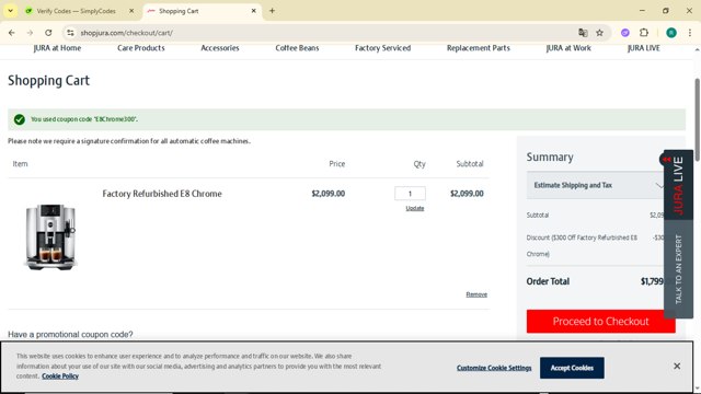 Jura checkout page showing Jura discount code box | Screenshot taken by SimplyCodes community member on May 16, 2025