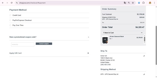 Jura checkout page showing Jura discount code box | Screenshot taken by SimplyCodes community member on Jul 16, 2025