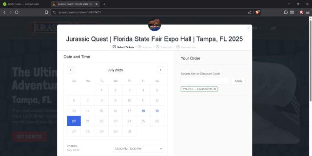 Jurassic Quest checkout page showing Jurassic Quest promo code box | Screenshot taken by SimplyCodes community member on Jul 18, 2025
