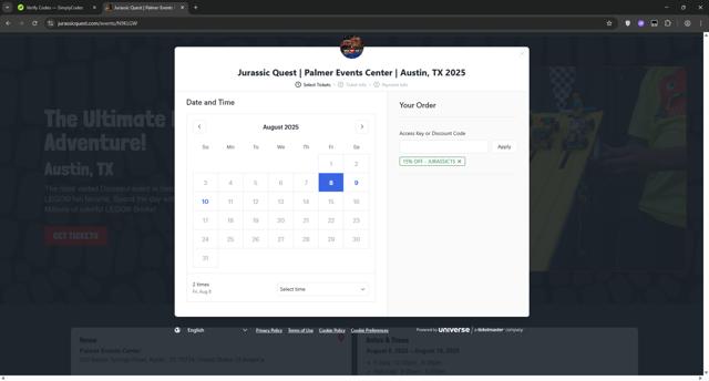 Jurassic Quest checkout page showing Jurassic Quest promo code box | Screenshot taken by SimplyCodes community member on Jul 12, 2025