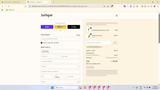 Jurlique checkout page showing Jurlique promo code box | Screenshot taken by SimplyCodes community member on Sep 14, 2025