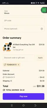 TEABACK15 coupon verification screenshot