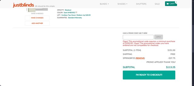Justblinds checkout page showing Justblinds promo code box | Screenshot taken by SimplyCodes community member on Apr 16, 2025