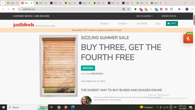 Justblinds checkout page showing Justblinds promo code box | Screenshot taken by SimplyCodes community member on Jul 10, 2025