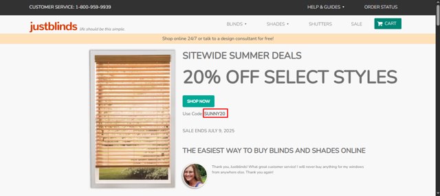 Justblinds checkout page showing Justblinds promo code box | Screenshot taken by SimplyCodes community member on Jul 5, 2025