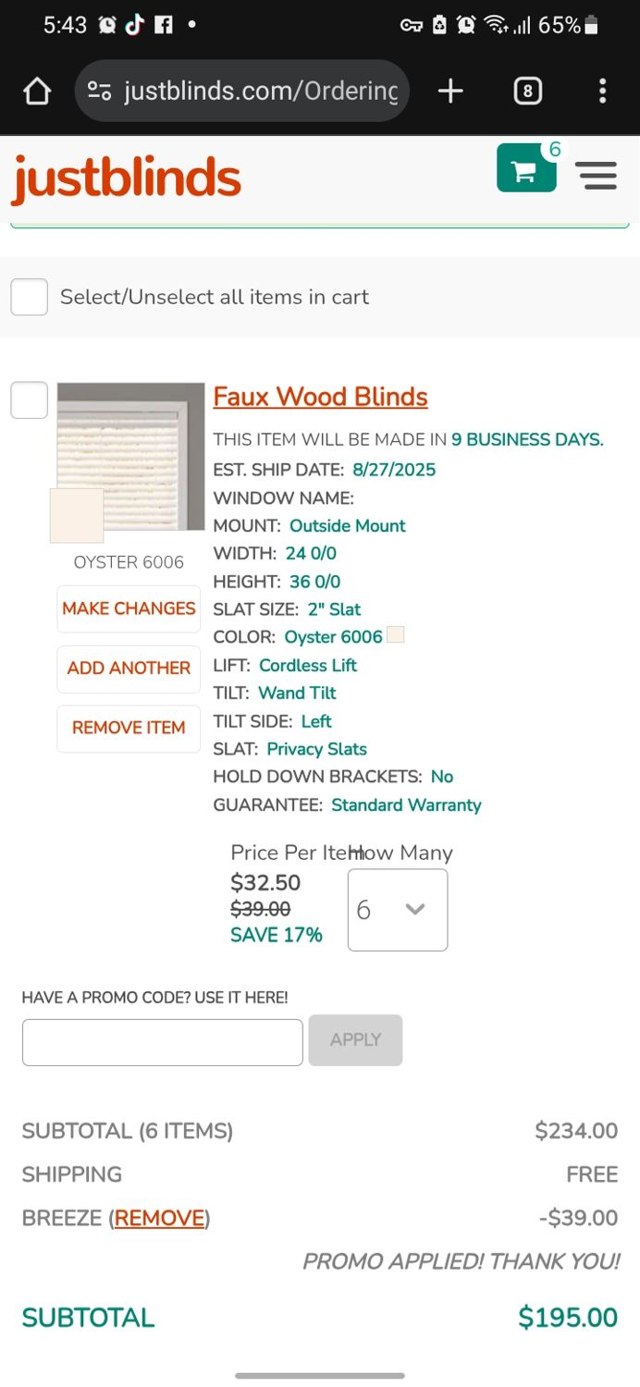 Justblinds checkout page showing Justblinds promo code box | Screenshot taken by SimplyCodes community member on Aug 14, 2025