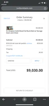 Just Bunk Beds coupon verification screenshot