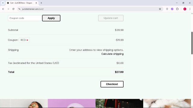 Just CBD checkout page showing Just CBD coupon code box | Screenshot taken by SimplyCodes community member on Aug 27, 2025