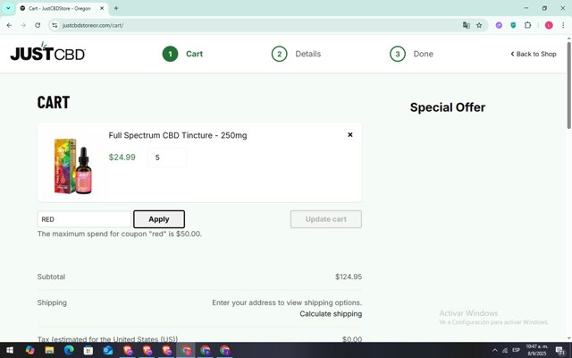 Just CBD checkout page showing Just CBD coupon code box | Screenshot taken by SimplyCodes community member on Sep 8, 2025