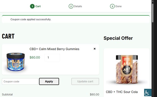 Just CBD checkout page showing Just CBD coupon code box | Screenshot taken by SimplyCodes community member on Aug 27, 2025