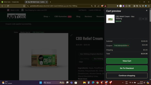 JustCBD checkout page showing JustCBD coupon code box | Screenshot taken by SimplyCodes community member on Jul 24, 2025