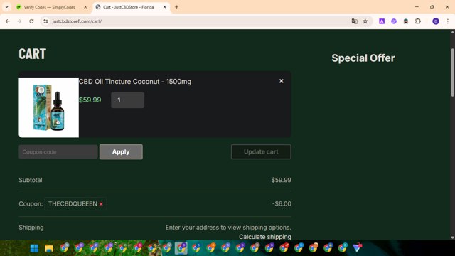 JustCBD checkout page showing JustCBD coupon code box | Screenshot taken by SimplyCodes community member on Jul 24, 2025