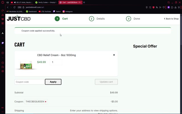JustCBD checkout page showing JustCBD coupon code box | Screenshot taken by SimplyCodes community member on Jul 24, 2025