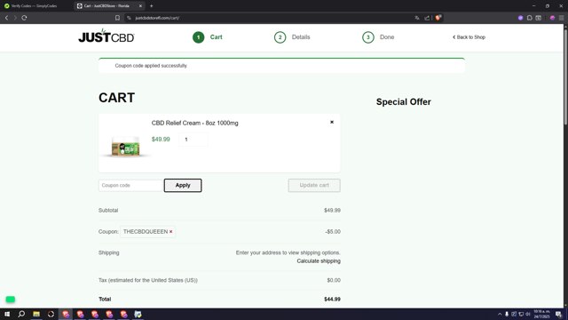 JustCBD checkout page showing JustCBD coupon code box | Screenshot taken by SimplyCodes community member on Jul 24, 2025