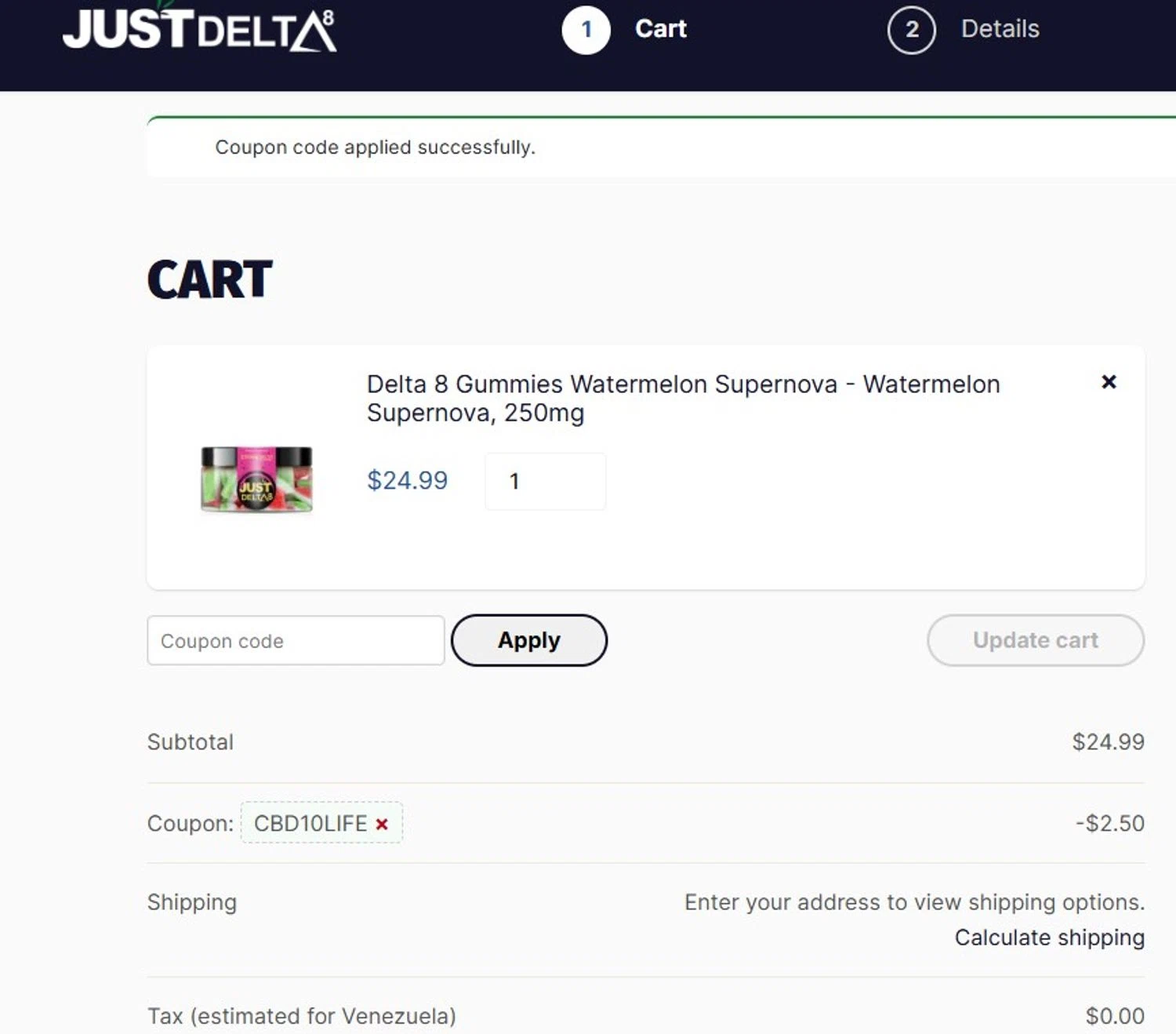 Just Delta promo code screenshot showing code CBD10LIFE applied at Just Delta checkout page. Uploaded by SimplyCodes community member angelfigueroa2008 on May 2, 2026