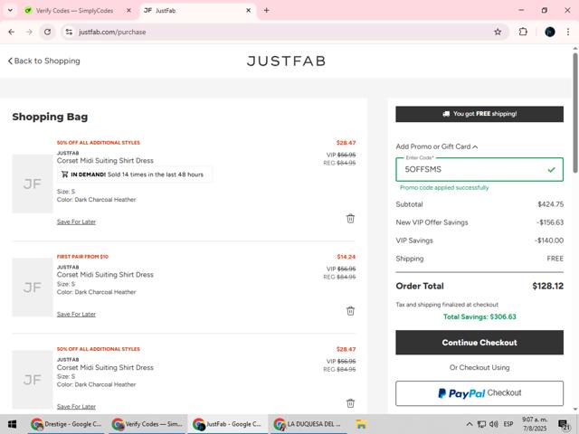 JustFab checkout page showing JustFab promo code box | Screenshot taken by SimplyCodes community member on Aug 7, 2025