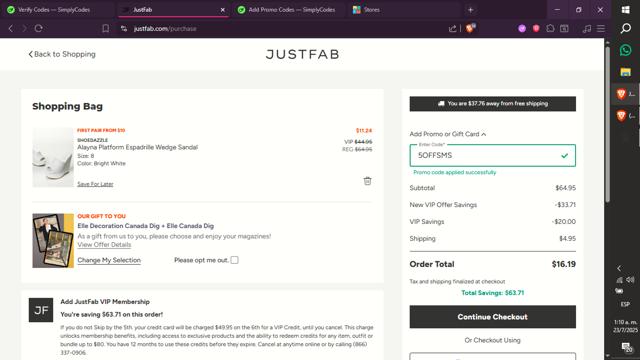 JustFab checkout page showing JustFab promo code box | Screenshot taken by SimplyCodes community member on Jul 23, 2025