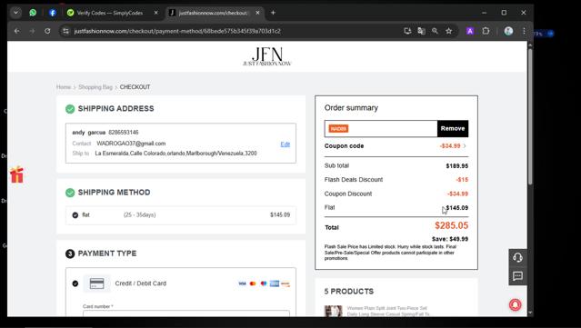 JustFashionNow checkout page showing JustFashionNow coupon code box | Screenshot taken by SimplyCodes community member on Sep 8, 2025