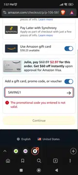 SAVING1 coupon verification screenshot