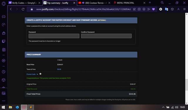Justfly.com checkout page showing Justfly.com promo code box | Screenshot taken by SimplyCodes community member on Jul 4, 2023