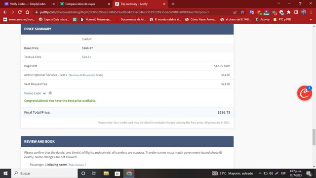 Justfly.com checkout page showing Justfly.com promo code box | Screenshot taken by SimplyCodes community member on Jul 11, 2023