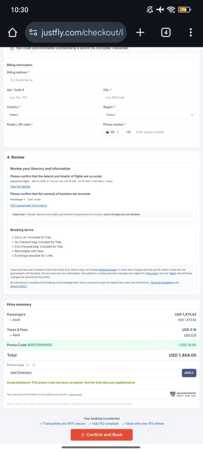 Justfly.com promo code screenshot showing code WINTERWINGS applied at Justfly.com checkout page. Uploaded by SimplyCodes community member RoyalSpotter5217 on Jan 19, 2026