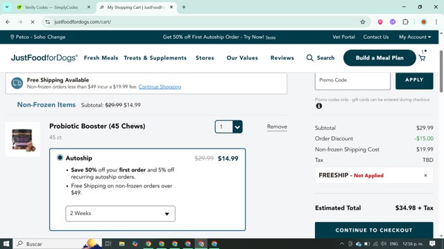 JustFoodForDogs checkout page showing JustFoodForDogs promo code box | Screenshot taken by SimplyCodes community member on Jul 20, 2025