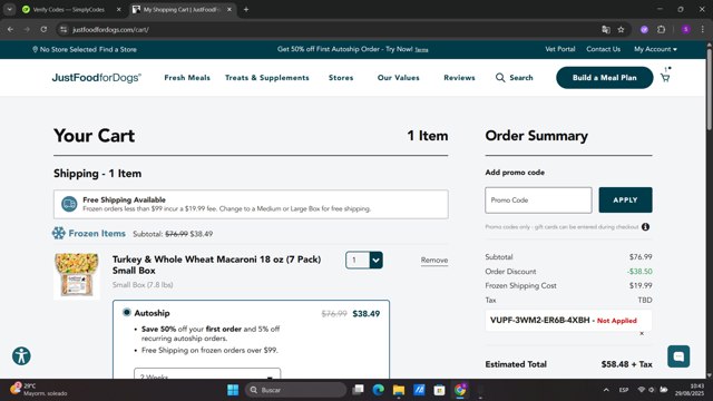 JustFoodForDogs checkout page showing JustFoodForDogs promo code box | Screenshot taken by SimplyCodes community member on Aug 29, 2025
