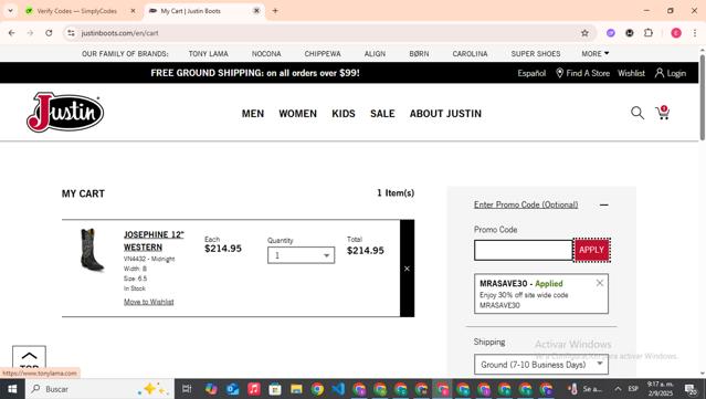 Justin Boots checkout page showing Justin Boots promo code box | Screenshot taken by SimplyCodes community member on Sep 2, 2025