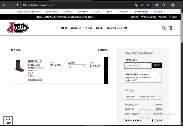 Justin Boots checkout page showing Justin Boots promo code box | Screenshot taken by SimplyCodes community member on Aug 4, 2025