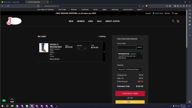 Justin Boots checkout page showing Justin Boots promo code box | Screenshot taken by SimplyCodes community member on Aug 16, 2025