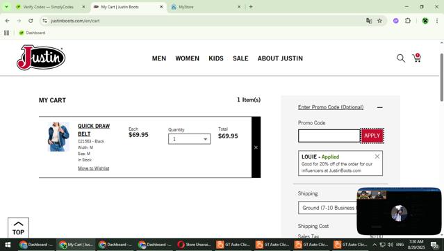 Justin Boots checkout page showing Justin Boots promo code box | Screenshot taken by SimplyCodes community member on Aug 29, 2025