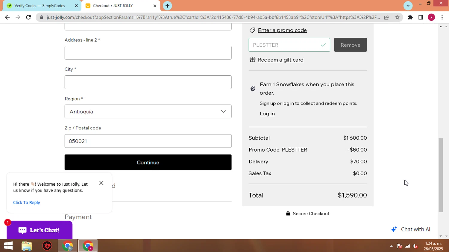 JUST JOLLY promo code screenshot showing code PLESTTER applied at JUST JOLLY checkout page. Uploaded by SimplyCodes community member ThriftyWizard1508 on May 26, 2025