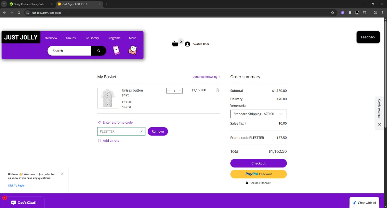 JUST JOLLY promo code screenshot showing code PLESTTER applied at JUST JOLLY checkout page. Uploaded by SimplyCodes community member manuelchirinos2 on Jun 24, 2025