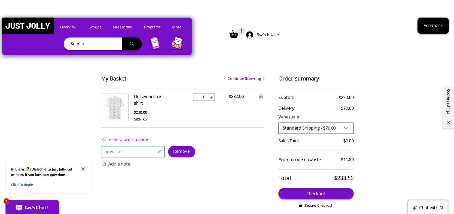 JUST JOLLY promo code screenshot showing code nowaste applied at JUST JOLLY checkout page. Uploaded by SimplyCodes community member CashAce9852 on Jul 23, 2025
