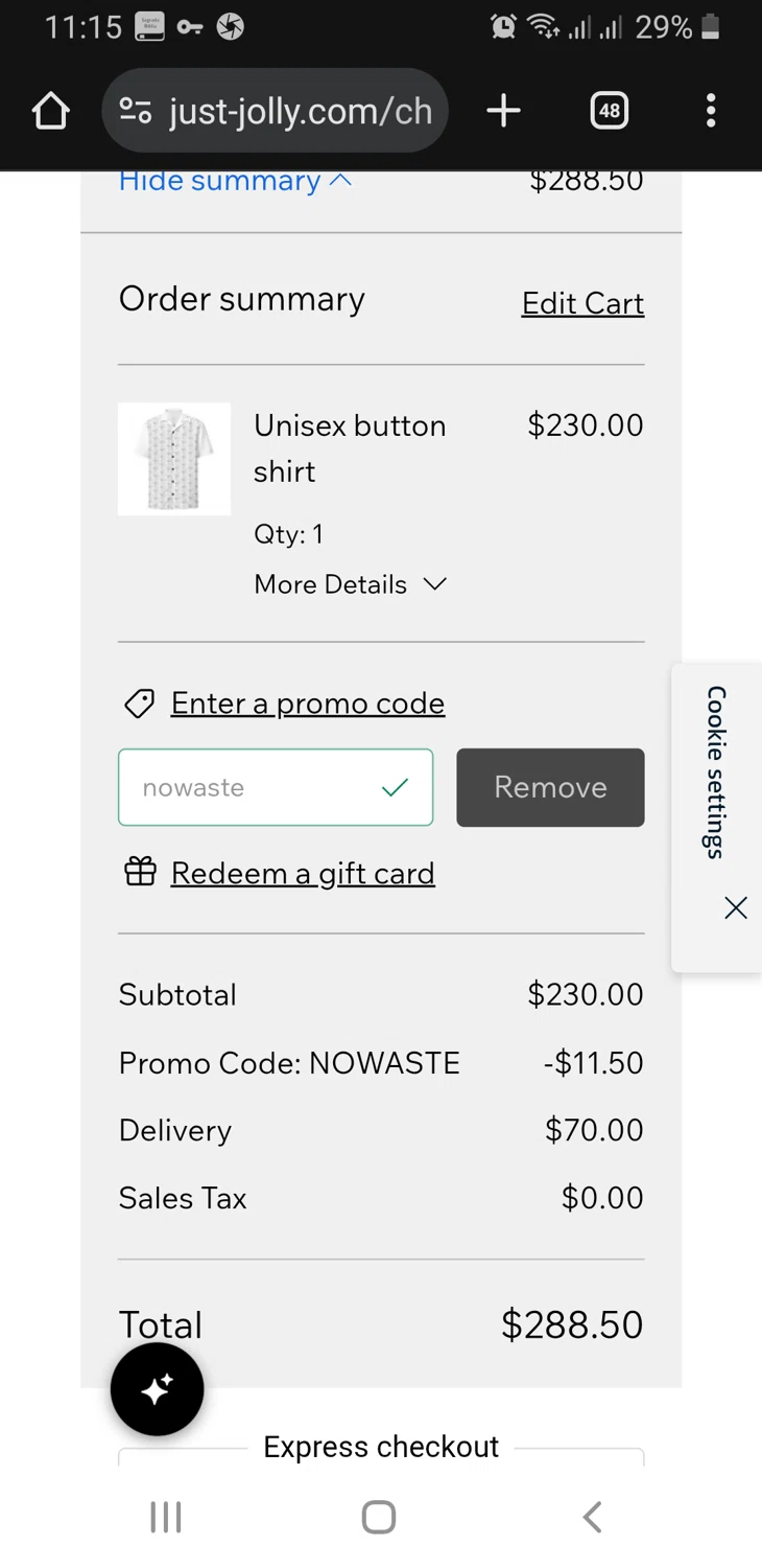 JUST JOLLY promo code screenshot showing code nowaste applied at JUST JOLLY checkout page. Uploaded by SimplyCodes community member GloriousFinder136 on Jun 24, 2025