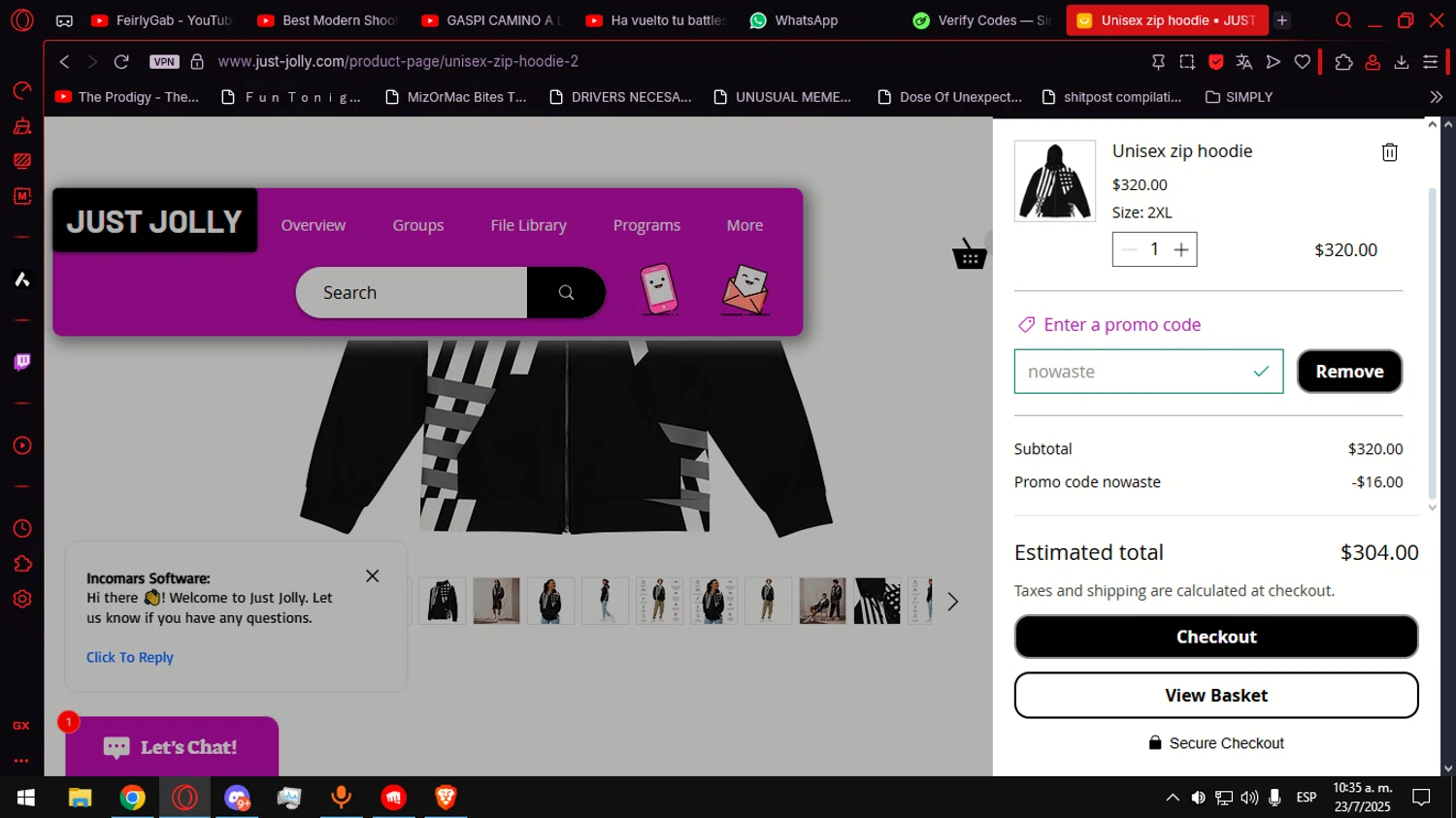 JUST JOLLY promo code screenshot showing code nowaste applied at JUST JOLLY checkout page. Uploaded by SimplyCodes community member Anteserachido on Jul 23, 2025