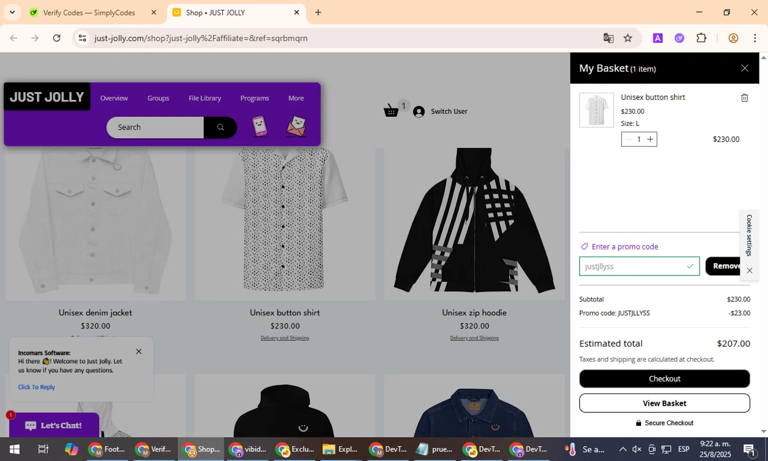 JUST JOLLY promo code screenshot showing code justjllyss applied at JUST JOLLY checkout page. Uploaded by SimplyCodes community member TreasurePro466 on Aug 25, 2025
