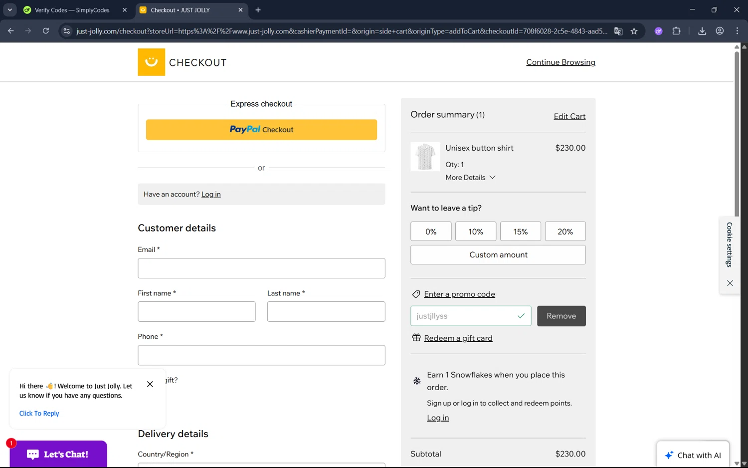 JUST JOLLY promo code screenshot showing code justjllyss applied at JUST JOLLY checkout page. Uploaded by SimplyCodes community member juan1702 on Jun 28, 2025