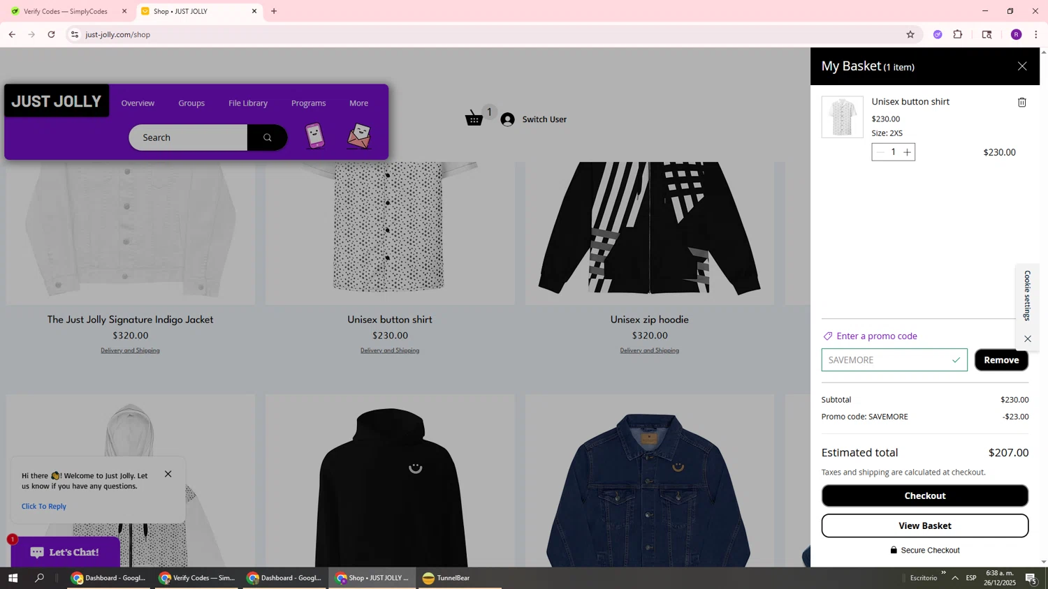 JUST JOLLY checkout page showing JUST JOLLY promo code box | Screenshot taken by SimplyCodes community member on Dec 26, 2025