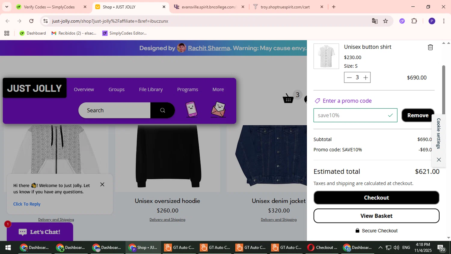 JUST JOLLY promo code screenshot showing code save10% applied at JUST JOLLY checkout page. Uploaded by SimplyCodes community member Suicune on Nov 4, 2025