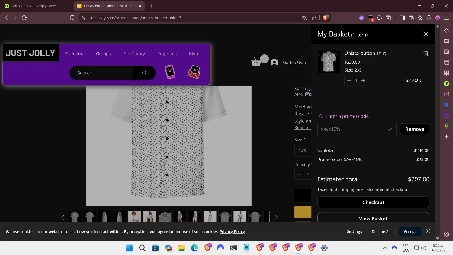 JUST JOLLY promo code screenshot showing code save10% applied at JUST JOLLY checkout page. Uploaded by SimplyCodes community member SilverSentinel7889 on Dec 3, 2025