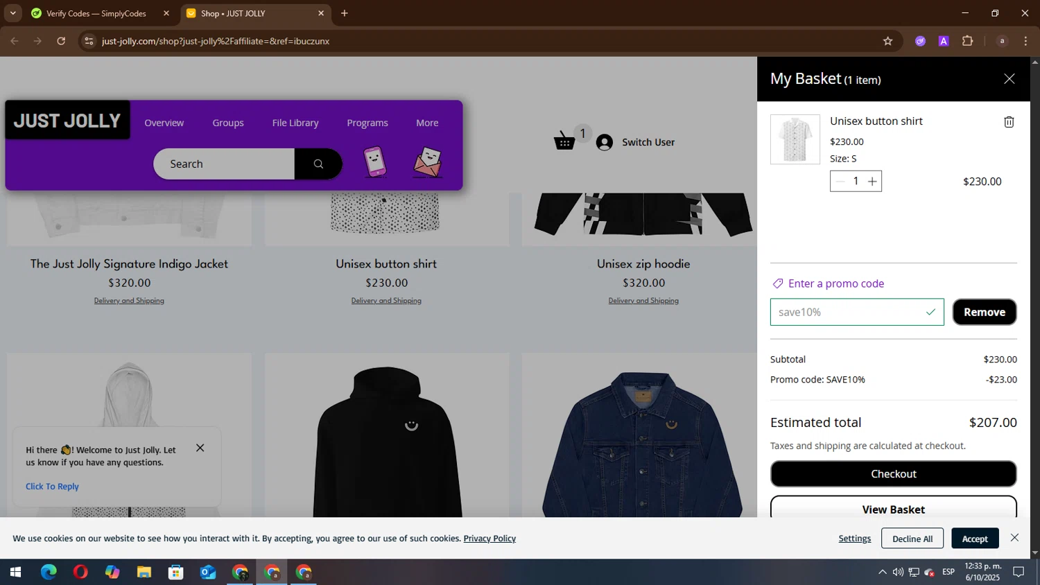 JUST JOLLY promo code screenshot showing code save10% applied at JUST JOLLY checkout page. Uploaded by SimplyCodes community member lisandro on Oct 6, 2025